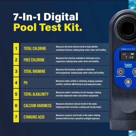 Digital Pool Test Kit showing 7 functions for testing swimming pool and spa water quality at home.