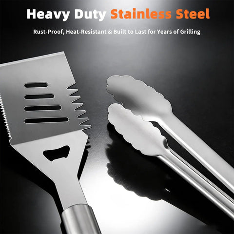 Close-up of 32 Piece Heavy Duty Stainless Steel BBQ Grill Tool Set With Case Including Spatula and Tongs.