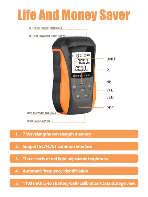 Heavy Duty Optical Power Meter With Visual Fault Locator And Fiber Cable Tester For Dead Easy Loss Checks And No Sweat Signal Analysis On Fc Sc St Connectors showing screen and controls.