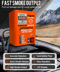 Slick Automotive Smoke Machine With Digital Gauge And No Sweat Built In Air Pump Plug And Play Evap Vacuum Leak Tester For 12V Pipe and Fuel System Diagnostics Shop Favorite displayed under a car hood.