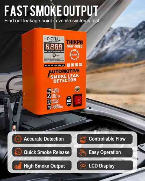 Slick Automotive Smoke Machine With Digital Gauge And No Sweat Built In Air Pump Plug And Play Evap Vacuum Leak Tester For 12V Pipe and Fuel System Diagnostics Shop Favorite displayed under a car hood.