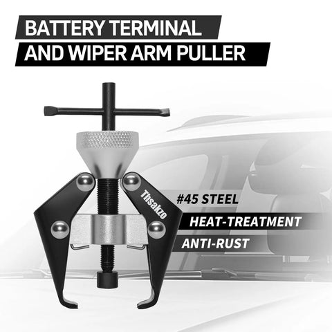 Heavy Duty Windshield Wiper Arm Removal Tool With Battery Terminal Puller And Small Bearing Puller in steel with car background