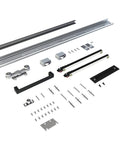 36X84 Inch Black Wood Sliding Barn Door With Concealed Tracks And Soft Close Hardware Kit components including tracks, rollers, and hardware.