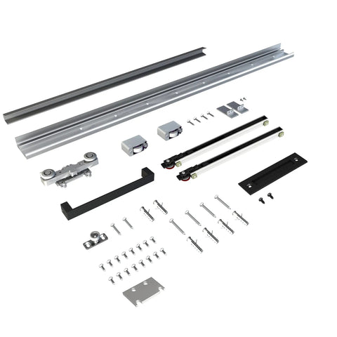36X84 Inch Black Wood Sliding Barn Door With Concealed Tracks And Soft Close Hardware Kit components including tracks, rollers, and hardware.
