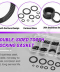Tough As Nails Black Metric Tooth Lock Washer Assortment Kit Featuring 160 Double Serrated Steel Fasteners In M3 To M16 Sizes For Locking Grip That Stays Put On Any Build. Displays various sizes of double-sided tooth locking gaskets.