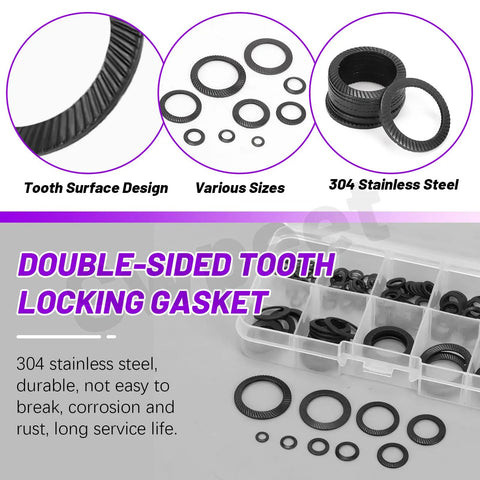 Tough As Nails Black Metric Tooth Lock Washer Assortment Kit Featuring 160 Double Serrated Steel Fasteners In M3 To M16 Sizes For Locking Grip That Stays Put On Any Build. Displays various sizes of double-sided tooth locking gaskets.