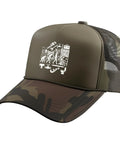 Solid Plumber Evolution Trucker Hat featuring a skilled trades graphic and adjustable camo green mesh back