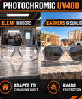 Smooth Transition Z87 Safety Glasses With Hella Clear Photochromic Lenses Anti Fog UV400 Blue Light Blocking For Driving And Work Top Shelf Eye Protection In Slick Gray displayed indoors and outdoors showing lens tint changes.