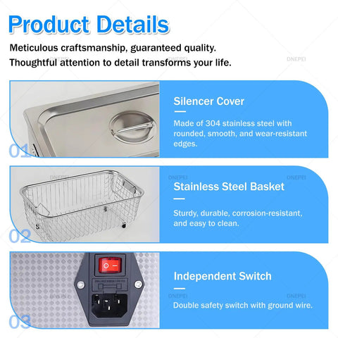 Clean Up Big Time With This 10 Liter Ultrasonic Cleaner Featuring Digital Timer And Integrated Heater. Stainless steel cover and basket shown.