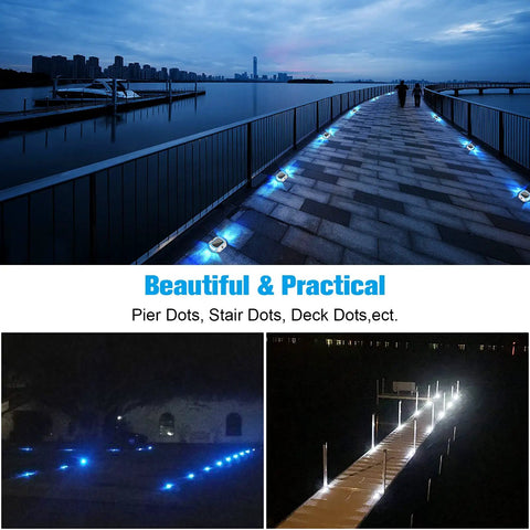 12 Pack Solar LED Driveway Lights Two Color Options White Or Blue illuminating a waterfront pathway at dusk with city skyline