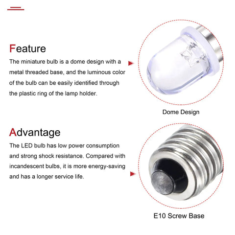 Tough As Nails E10 Screw Base LED Bulbs With Crisp White Glow DC 4.5V 0.25W Miniature Lamps showing dome design and metal base.