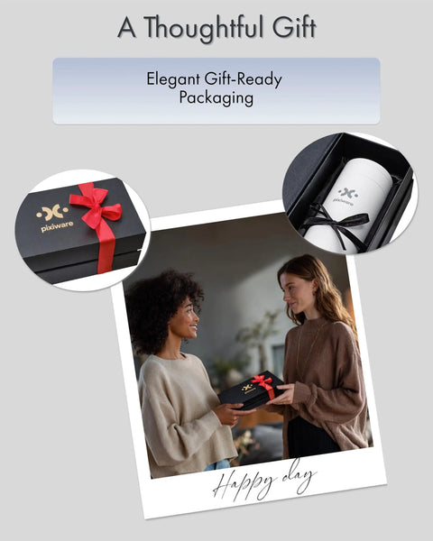 Two people exchanging a gift box with elegant gift-ready packaging, featuring red and black ribbon details.