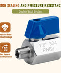 High sealing 304 stainless steel mini ball valve with blue handle, 1/8" PN63, explosion-proof, high pressure resistance, double-seal system