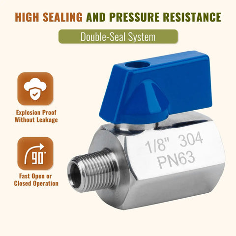 High sealing 304 stainless steel mini ball valve with blue handle, 1/8" PN63, explosion-proof, high pressure resistance, double-seal system