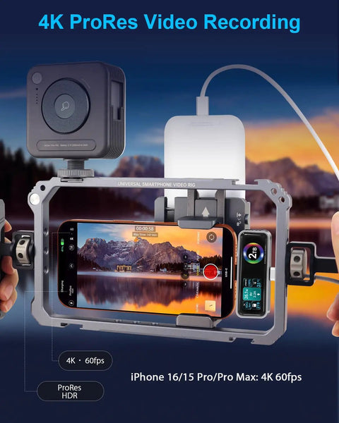 Setup for 4K ProRes video recording using iPhone 16/15 Pro with magnetic portable SSD attached, showing sunset on screen.