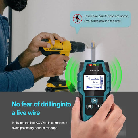 An individual using the Skip The Guesswork With This Heavy Duty Wall Scanner And Electronic Stud Finder Auto Calibrating With A Crisp LCD Screen For Rock Solid Detection Of Metals Wood AC Wiring And Pipes Up To Four Inches Deep With Loud Audio Alarms to locate live wiring while drilling.