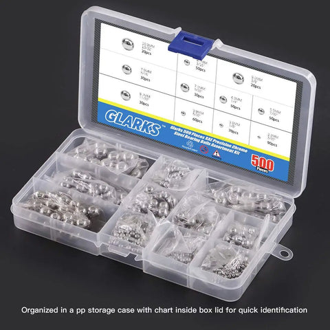 Top Shelf Sae Precision Chrome Steel Ball Bearings 500 Piece Assorted Bike Tool Kit in storage case with size chart.