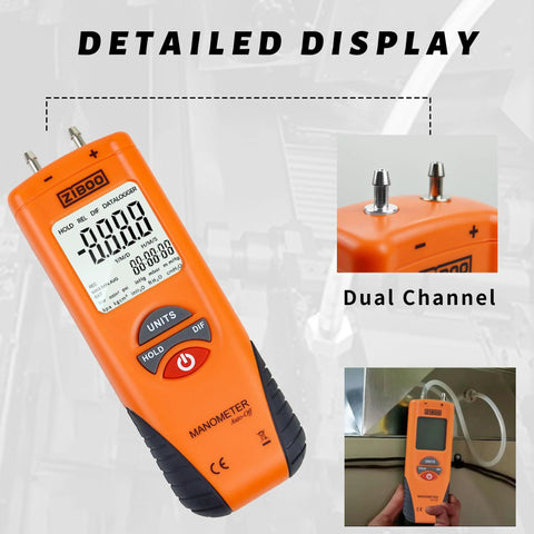 ZIBOO ET1013 digital manometer, orange handheld HVAC gas pressure tester with dual-channel display