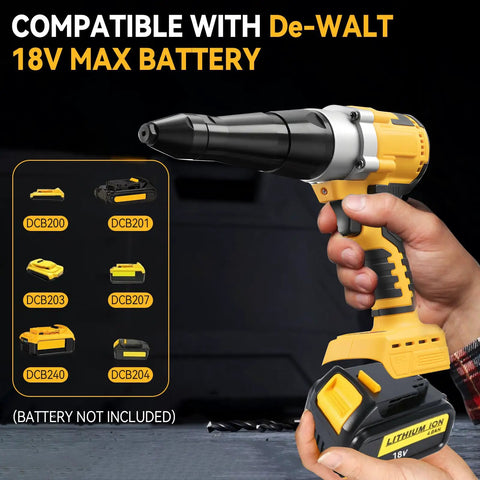 Powerhouse Cordless Brushless Rivet Gun Plays Nicely With Dewalt 20V Batteries, showing ergonomic handle and rivet tip.