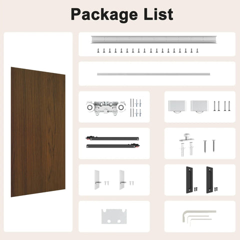 Package list for 42 By 84 Inch Concealed Sliding Barn Door With Soft Close Mechanism And Heavy Duty Track System featuring all components.