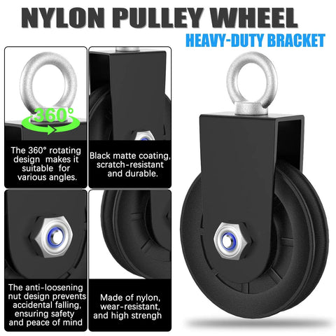 2 Pack Snag Free Nylon Gym Cable Pulley Wheels Fastened To Heavy Gauge Steel Brackets For Garage Gym Setup Silky Smooth Glide Built Like A Tank For Lat Pulldowns And Cable Workouts Rating Six Hundred Pounds, featuring 360° rotating nylon pulley wheel with durable black coating.