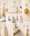 10 Pack Invisible Adhesive Wall Hooks With Chic Gold Shell Design Waterproof Heavy Duty Strong Hold For Bathroom Shower Kitchen Organization Easy Install Straight Up Game Changing Setup displayed with a variety of items like towels and keys.