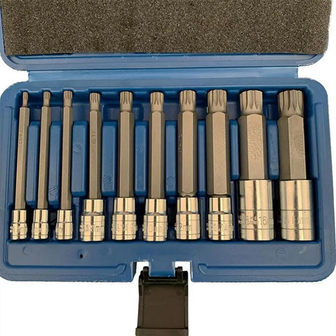 Heavy Duty 10 Piece Universal Socket Set With 1/4 3/8 And 1/2 Inch Drives Featuring Metric Sizes From 4 To 18 Mm in compact blue case