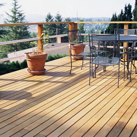 Ready To Rock And Build Like A Boss On Any Outdoor Project With These Premium Exterior Deck Screws Featuring Bugle Head Design And T25 Star Drive Coarse Thread Wood Screws 9 X 2 1/2 Inch 40 Count Pack Built Tough For Treated Lumber, wooden deck patio with black chairs and planters.