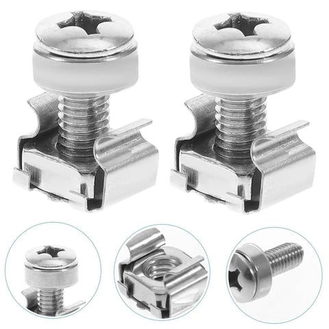 16 Sets M6 Rack Mount Cage Nuts And Screws Heavy Duty Server Rack Bolt Kit showing close-up of nickel plated screws and cage nuts.