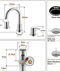 Diagram of Chrome Finish Widespread Bathroom Sink Faucet With 8 Inch Spread For 3 Hole Vanities, installation dimensions shown.