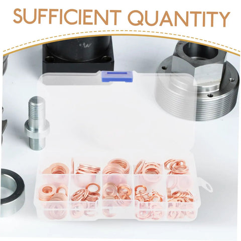 Copper Crush Sealing Washers Assortment Kit With Beefy Bolts For Car Oil Drain Plugs And Plumbing Fittings shown in storage box.