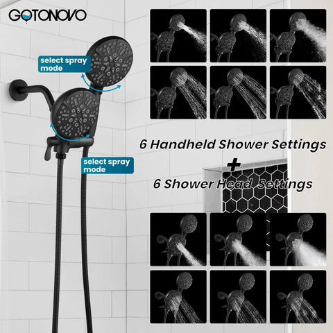 Two In One Shower Valve With Trim Kit Matte Black Shower Head And Handle Set For Bathroom High Pressure Brass Rough In Valve With Three Modes Easy Install And Dope Matte Black Finish showing spray modes and settings chart.