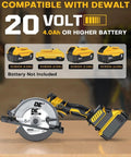 Badass Brushless Cordless Circular Saw Slick 6 Inch Blade Kicks Butt With DeWalt 20V Compatible battery options displayed.
