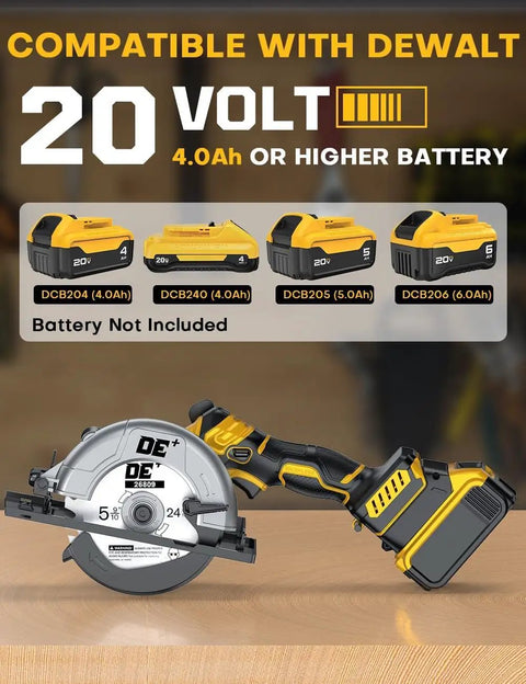 Badass Brushless Cordless Circular Saw Slick 6 Inch Blade Kicks Butt With DeWalt 20V Compatible battery options displayed.