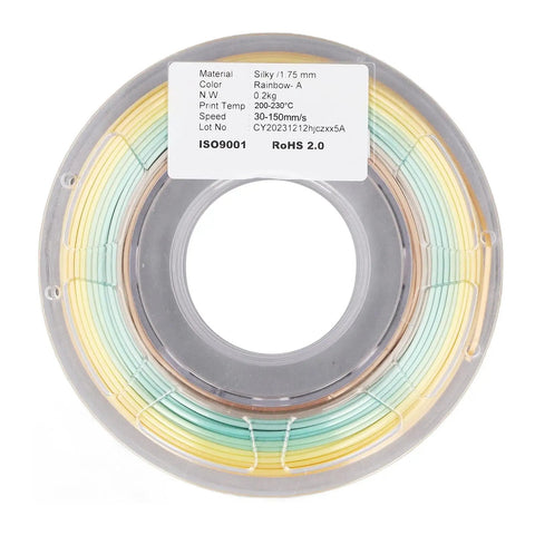 Silk Shiny PLA Filament 1.75Mm, 200G Spool, showing multicolor rainbow design and specifications on label.