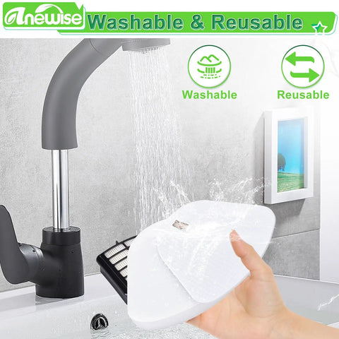 Filter Replacement For Shark Navigator Lift Away Deluxe Pro Vacuum held under faucet, showing washable HEPA and felt filters.