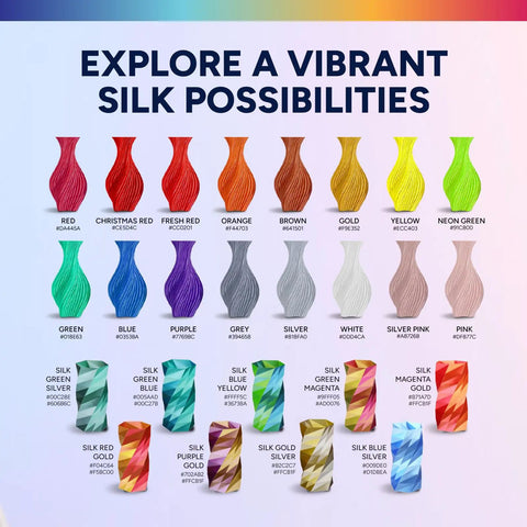 Top Shelf Silk PLA Filament 1.75mm 3D Printer Spool in various colors showcasing glossy finishes for art and cosplay.