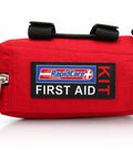 Front view of 164 Piece Outdoor Adventure First Aid Kit With Color Coded Supplies For Camping Hiking Road Trips And Car Survival Gear ANSI OSHA Compliant Emergency Medical Kit For Quick Access, red fabric bag with logo.