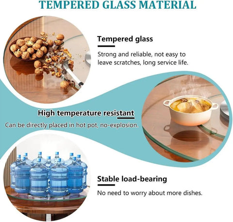 Tempered glass material features of Heavy Duty Tempered Glass Lazy Susan Turntable, showing resistance to scratches and high temperatures.
