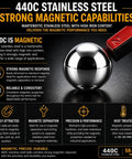Premium Two Inch 440 Stainless Steel Ball Bearings Grade 100 For Bicycle Casters And Drawer Slides Slick As Butter Surface Finish With Kickass Durability That Handles Heavy Loads Without Skipping A Beat All Day featuring a 440C stainless steel ball being attracted to a magnet.