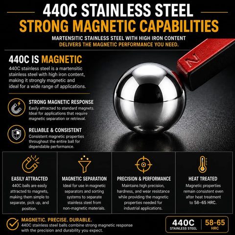 Premium Two Inch 440 Stainless Steel Ball Bearings Grade 100 For Bicycle Casters And Drawer Slides Slick As Butter Surface Finish With Kickass Durability That Handles Heavy Loads Without Skipping A Beat All Day featuring a 440C stainless steel ball being attracted to a magnet.