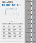 Diagram showing specifications for the 10 die sets included in the 12 Ton Hydraulic Wire Crimper With 10 Die Set For Battery Cable Lugs.