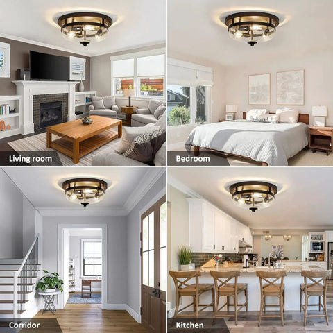 Three Light Flush Mount Ceiling Light Dope Industrial Farmhouse Fixture With Seeded Glass Shade In Bronze Finish lit in various rooms