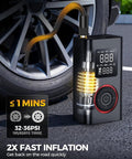 Pocket Sized Tire Inflator Air Compressor With Type C Charging next to car tire for quick inflation