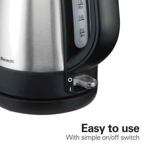 Close-up of Electric Tea Kettle Cordless 1 L Water Boiler And Heater With Auto Shutoff And Boil Dry Protection Stainless Steel Fast Boil switch.
