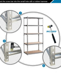 Built Tough Five Tier Storage Shelves With Thick Durable Mdf Boards And Reinforced Steel Frame, assembly steps with rubber hammer and shelf details.