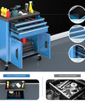 No Brainer Heavy Duty Rolling Tool Chest With Three Spacious Drawers And Double Doors Smooth Roll Casters secure lock showcasing workspace organization.