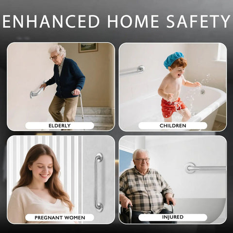 Image showing uses of 12 Inch Shower Grab Bar Heavy Duty 304 Stainless Steel Handrail Anti Slip Wall Mount For Bathroom Safety Rust Proof; elderly, children, pregnant women, and injured.