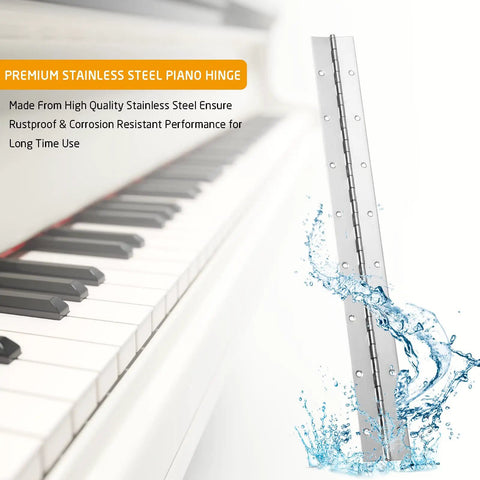 Two Pack One Eight Inch Stainless Steel Piano Hinges Heavy Duty Build With Pre Drilled Holes, rustproof, mounted on piano.