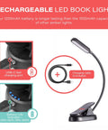 Sleek Rechargeable Clip On Book Light Blocking Blue Light With Amber And Red Led Stepless Dimming For Late Night Reads showing USB-C port and charging cable.